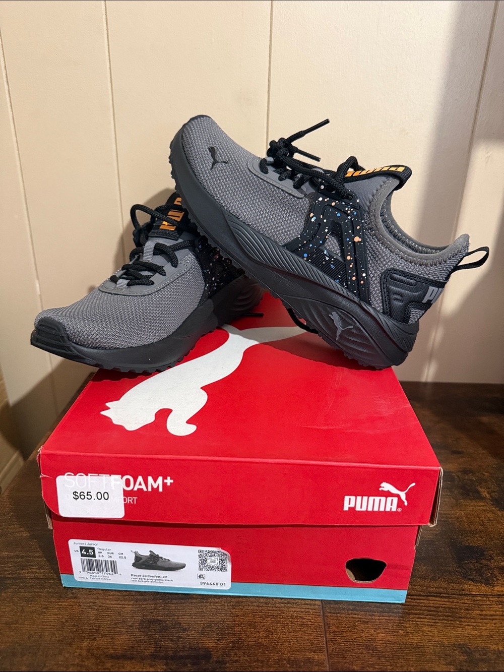 Puma Kids Gray and Black Sneakers with Speckled Accents